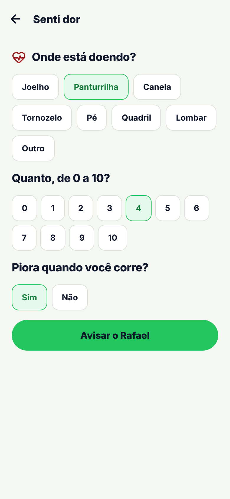 Tela Senti dor: local da dor, intensidade de 0 a 10, se piora ao correr e o botão para avisar o treinador
